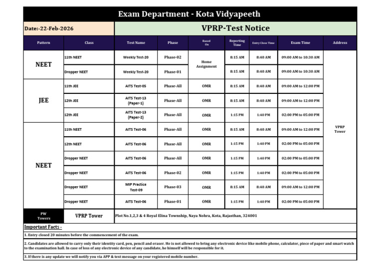 Test Notice VPRP 22-February-2026 | PDF | Tests | Standardized Tests