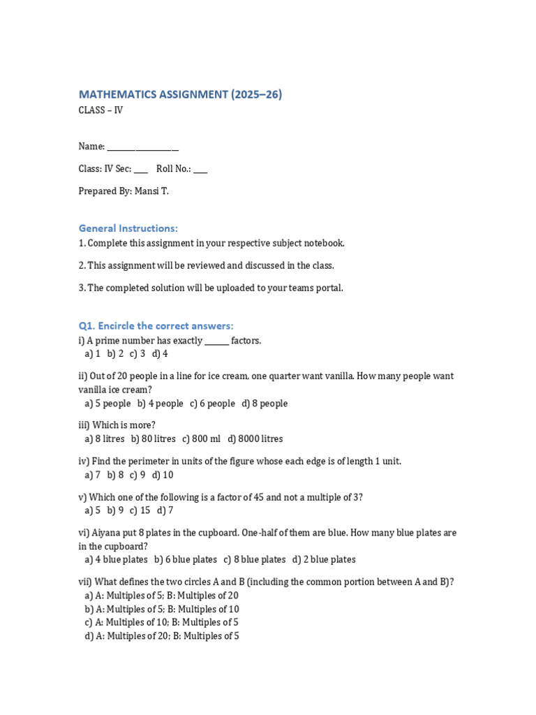 Class 4 Maths Term2 Assignment Clean | PDF | Discrete Mathematics ...