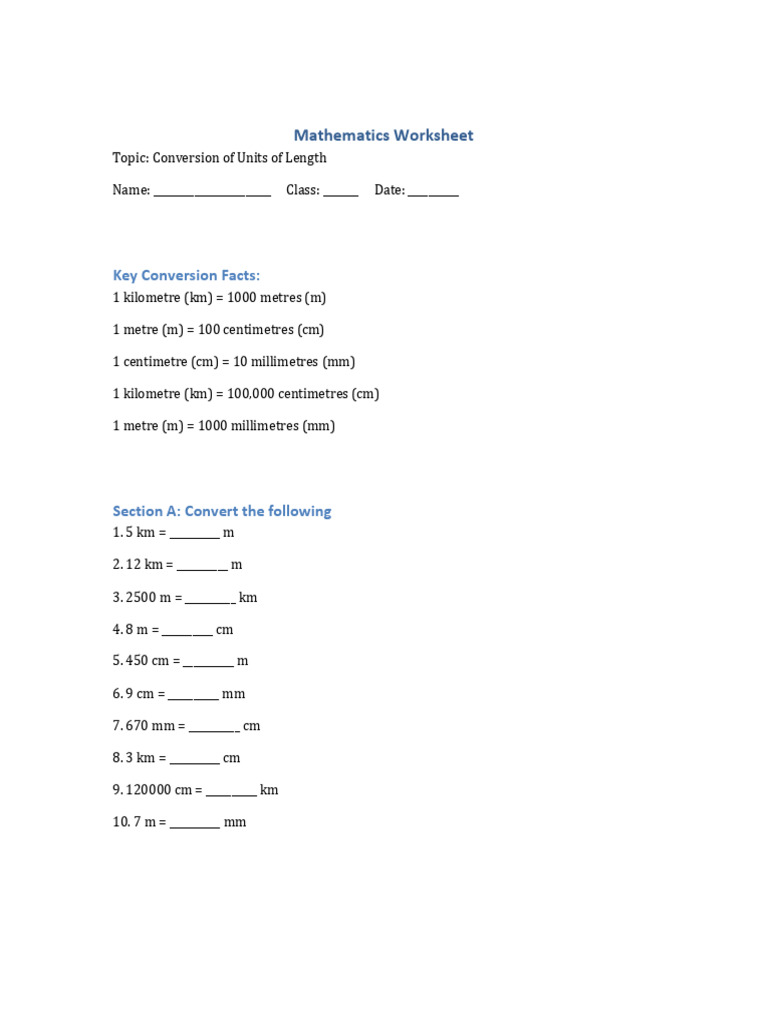 Maths Worksheet Unit Conversions | PDF