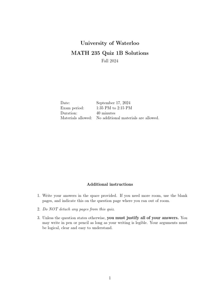 Quiz Solutions MATH 235 University of Waterloo | PDF | Vector Space ...