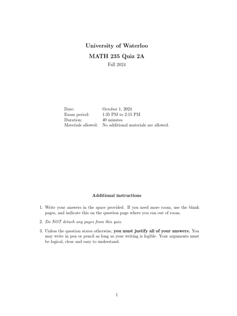 Quiz Solutions MATH 235 University of Waterloo Quiz 2A - Solutions ...
