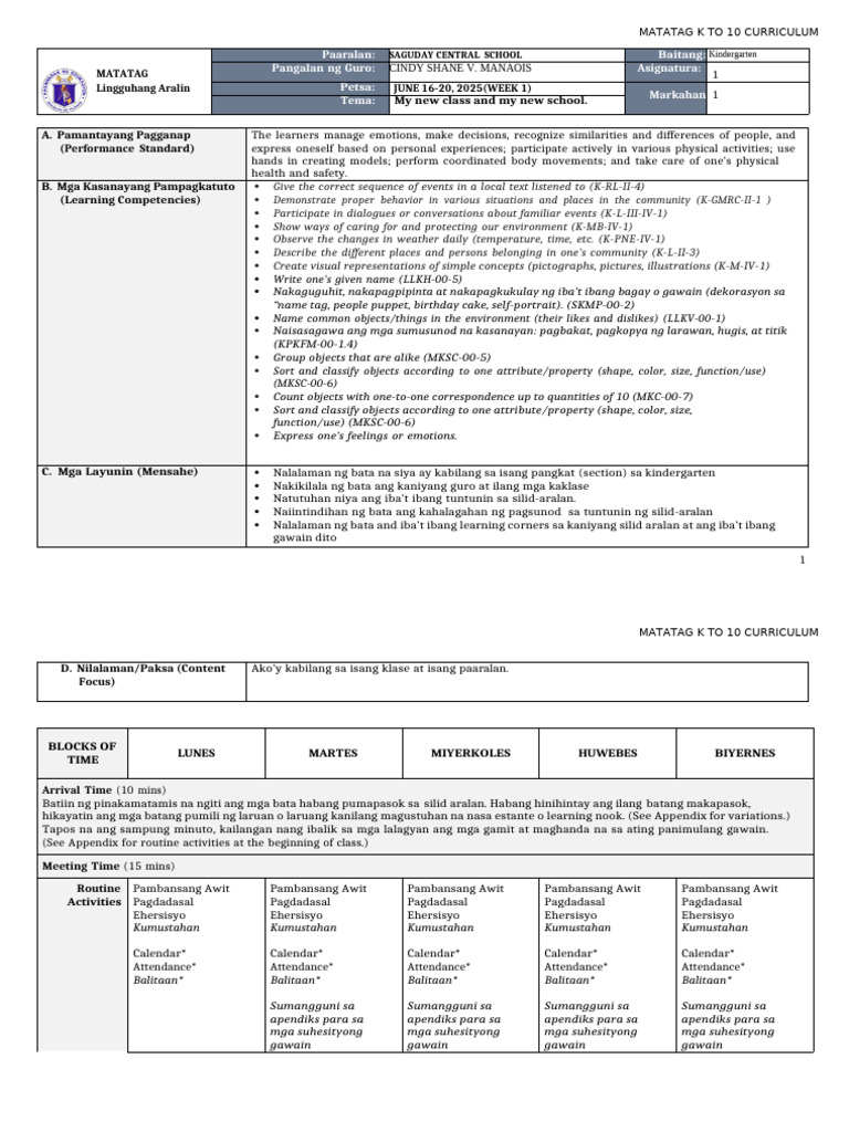 DLL Matatag Kindergarten - Q1 - W1 | PDF