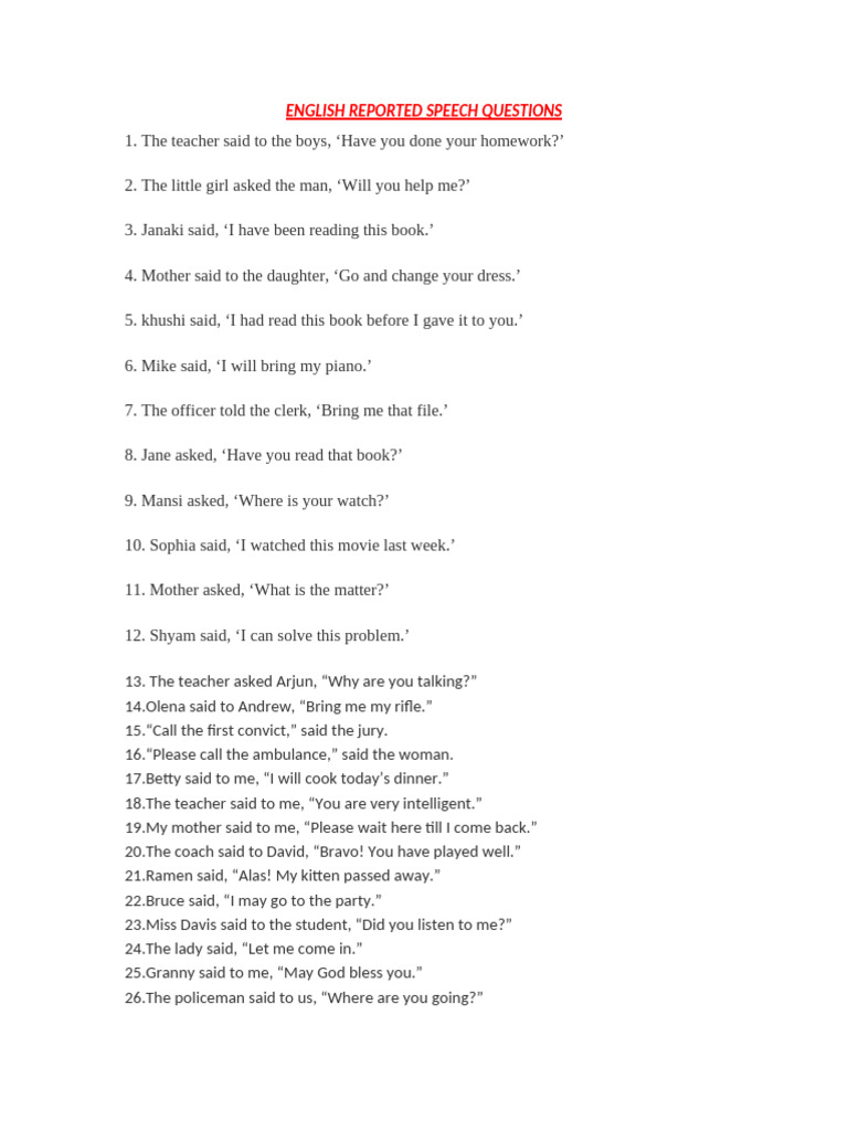 Reported Speech Questions Practise | PDF | Chess Theory