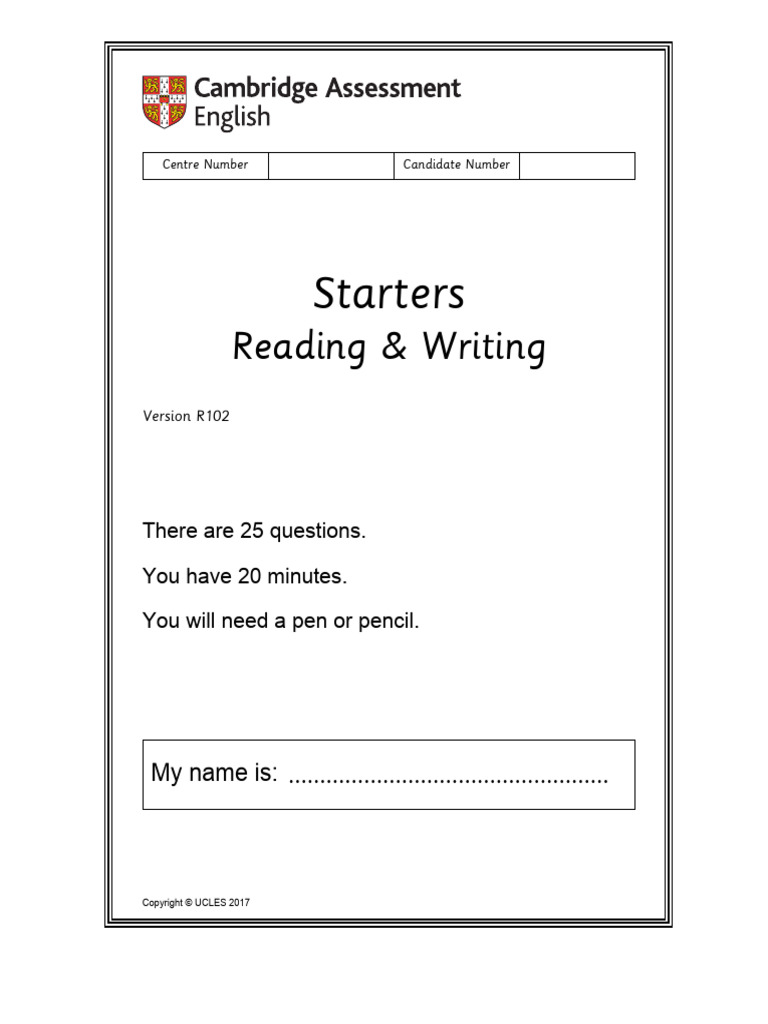 Starters Reading and Writing Question Paper 102 | PDF