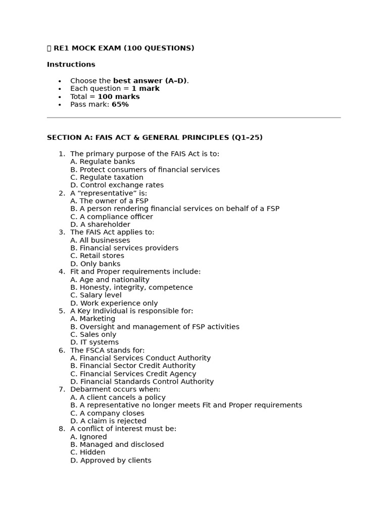Re1 Mock Exam (100 Questions) | PDF | Insurance | Financial Risk