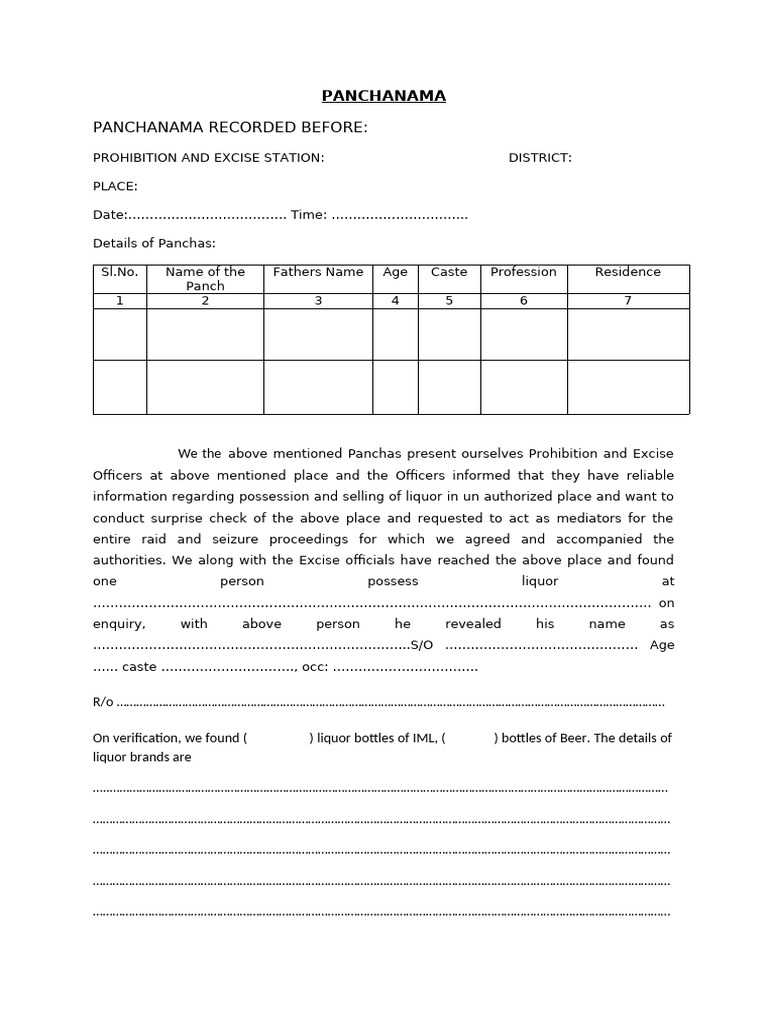 Panchanama Un Authorized | PDF | Alcohol
