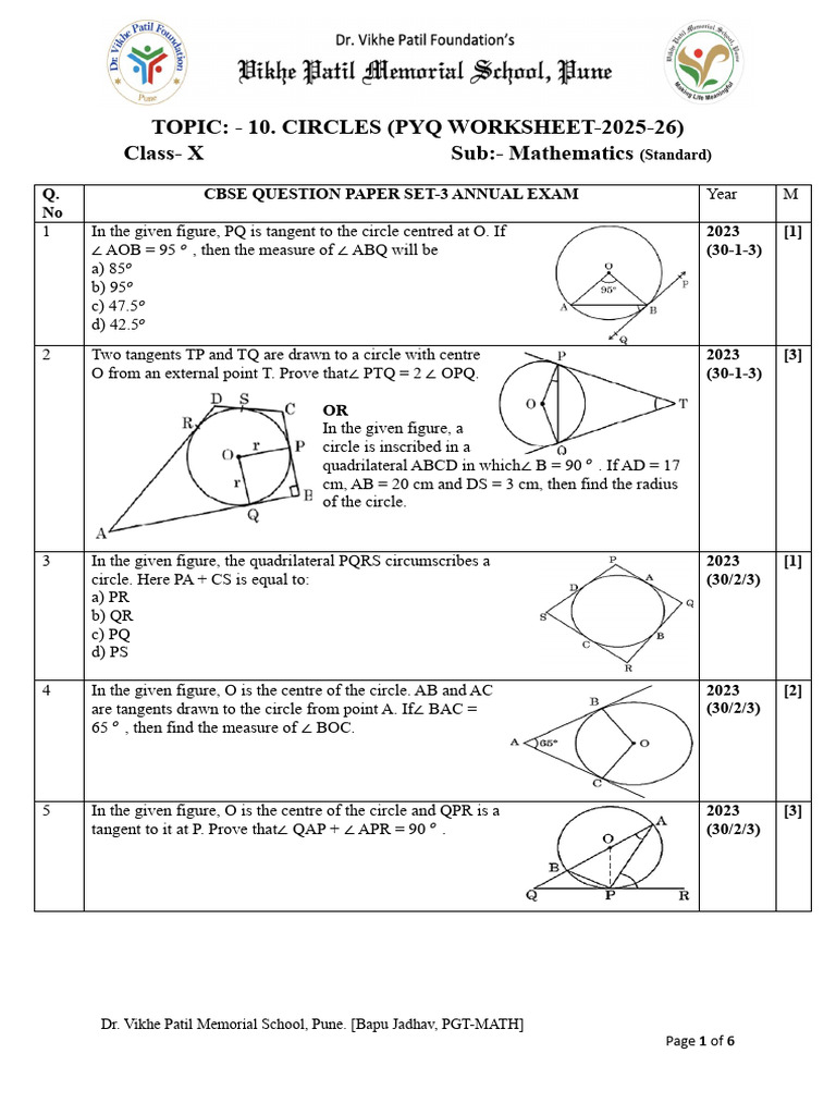 X Math 10 Circle Pyqs Ws | PDF | Circle | Perpendicular