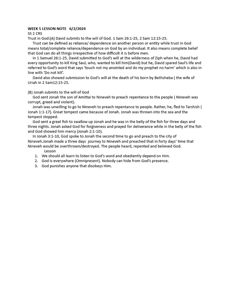 Week 5 Lesson Note | PDF