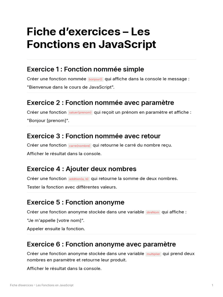 Fiche Dexercices Les Fonctions en JavaScript | PDF | JavaScript ...