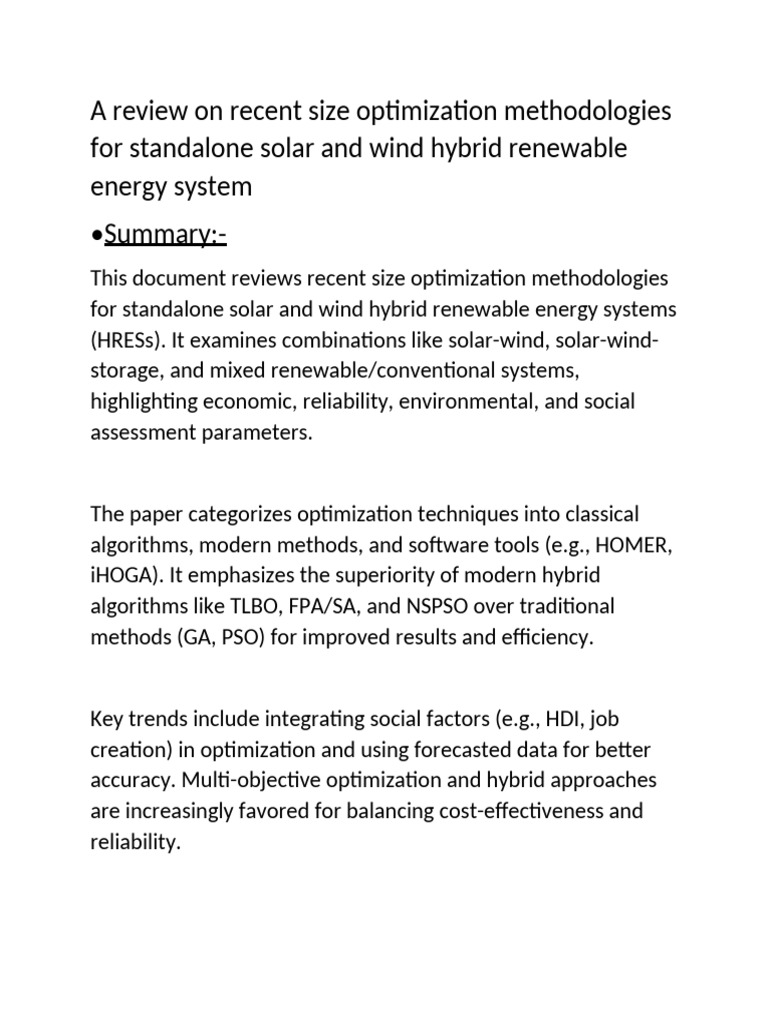 A Review On Recent Size Optimization Methodologies For Standalone Solar ...