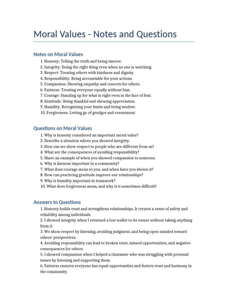 Moral Values Notes Questions Answers | PDF