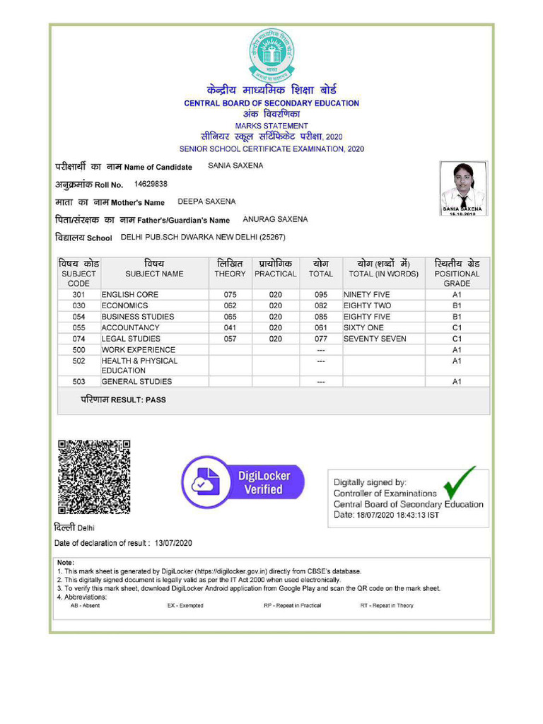 12th Marksheet | PDF