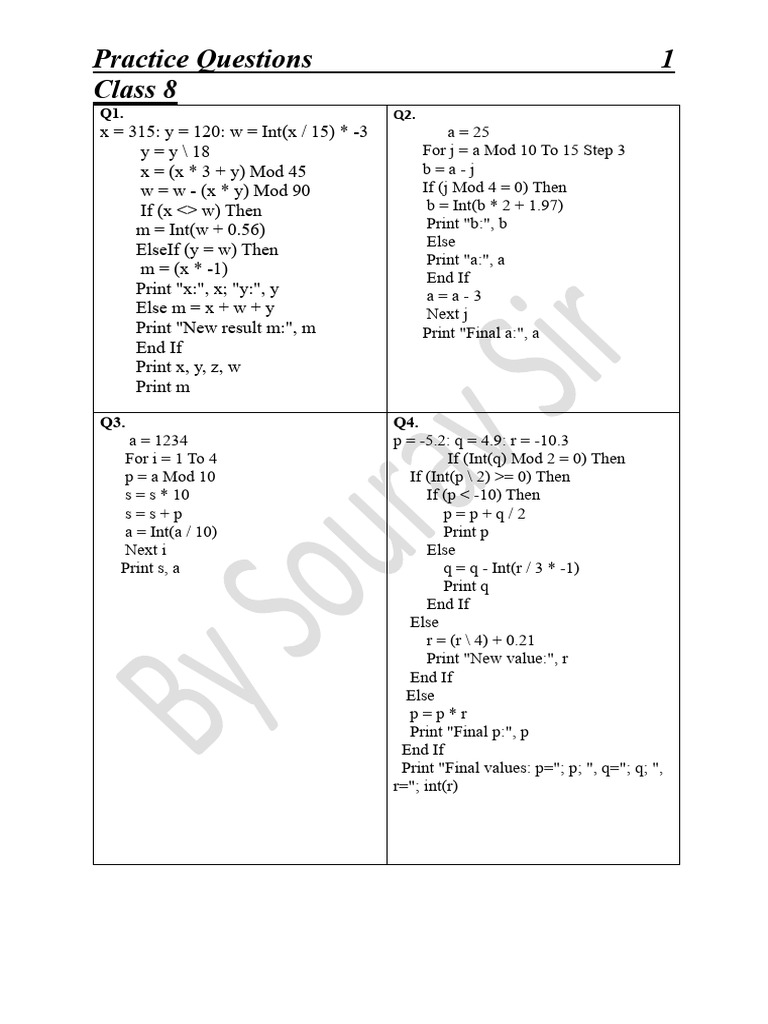 Class 8 Practice Output Questions | PDF | Computer Programming ...