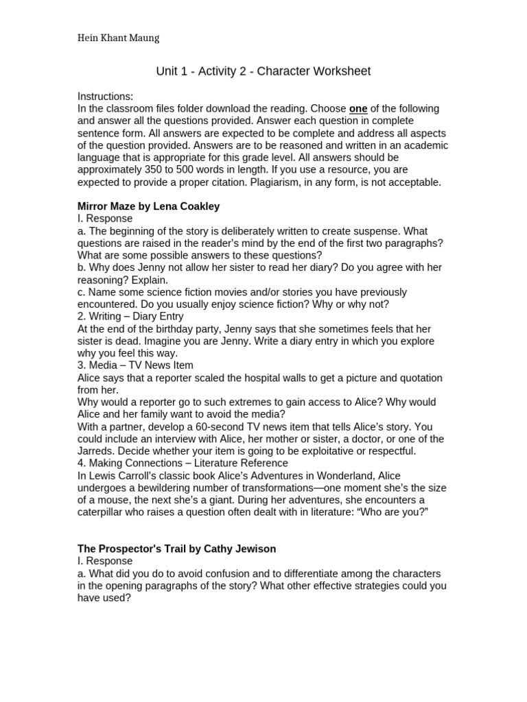 Unit 1 - Activity 2 - Character Worksheet (Hein Khant Maung) | PDF