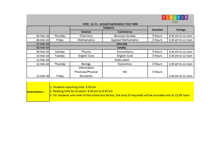 VI Grade 11 Annual Timetable | PDF