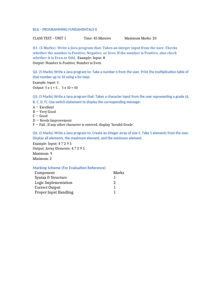 BCA Java Unit1 Class Test | PDF