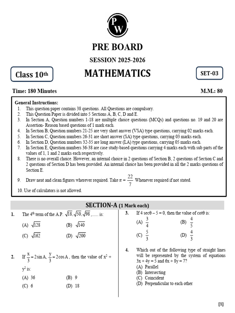 Set 03 - Test Paper (Maths) | PDF | Circle | Angle