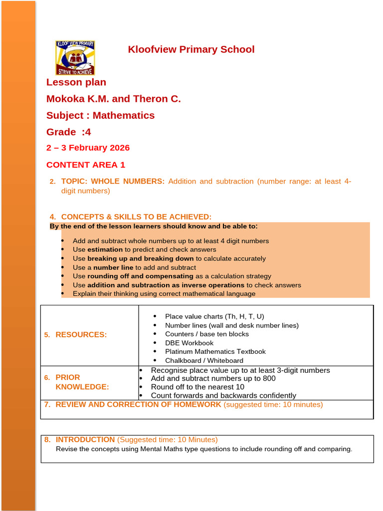 Grade 4 Term 1 Addition and Subtraction Lesson 1 2026 | PDF | Learning ...