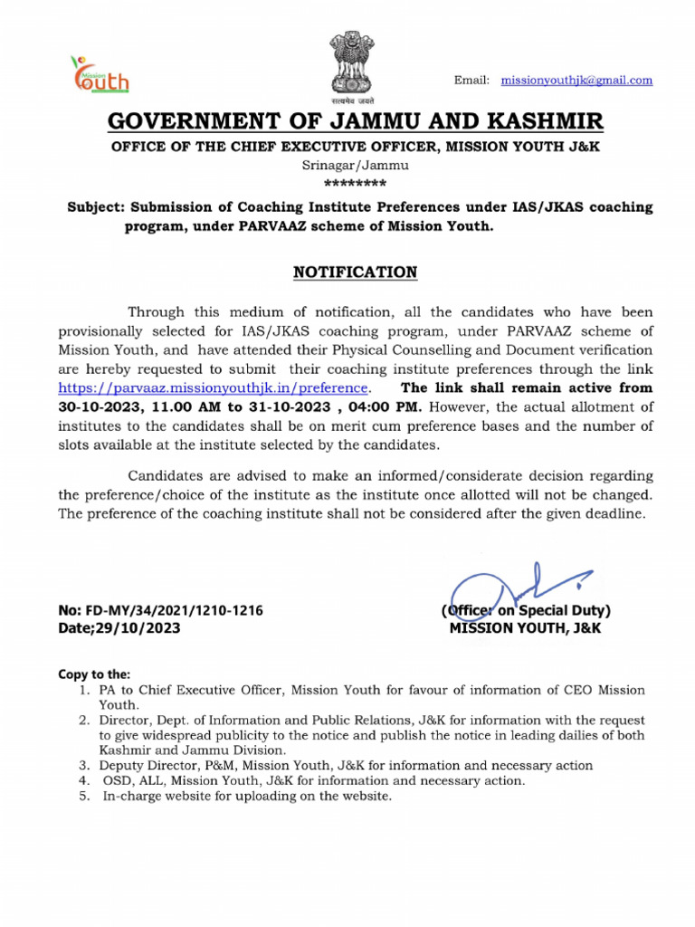 Notification Coaching Preference IAS JKAS Ec99df8f33 | PDF