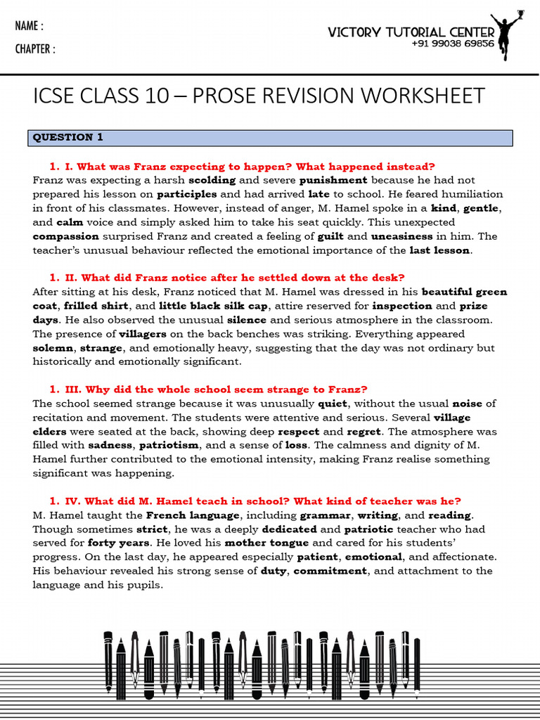 Ans Key Icse CL 10 Lit Prose Revision Worksheet | PDF | Anxiety | Fear