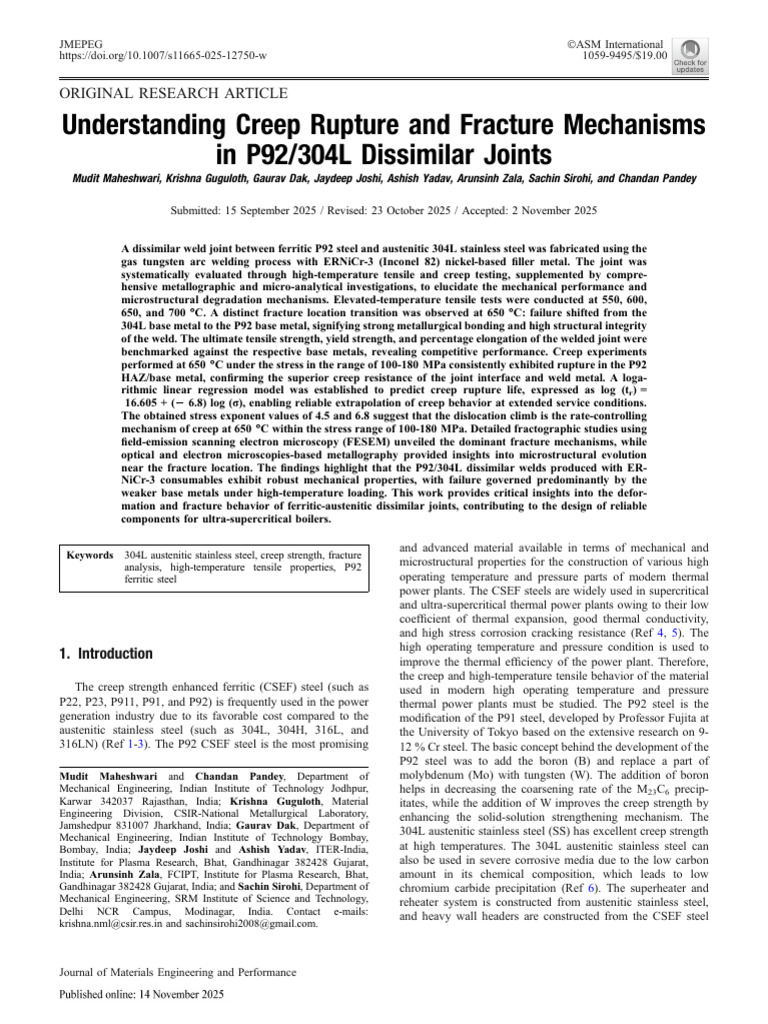 Understanding Creep Rupture and Fracture Mechanisms in P92 - 304L ...