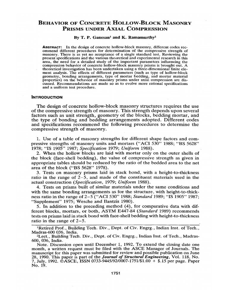Behavior of Concrete Hollow Block Masonry Prisms Under Axial ...