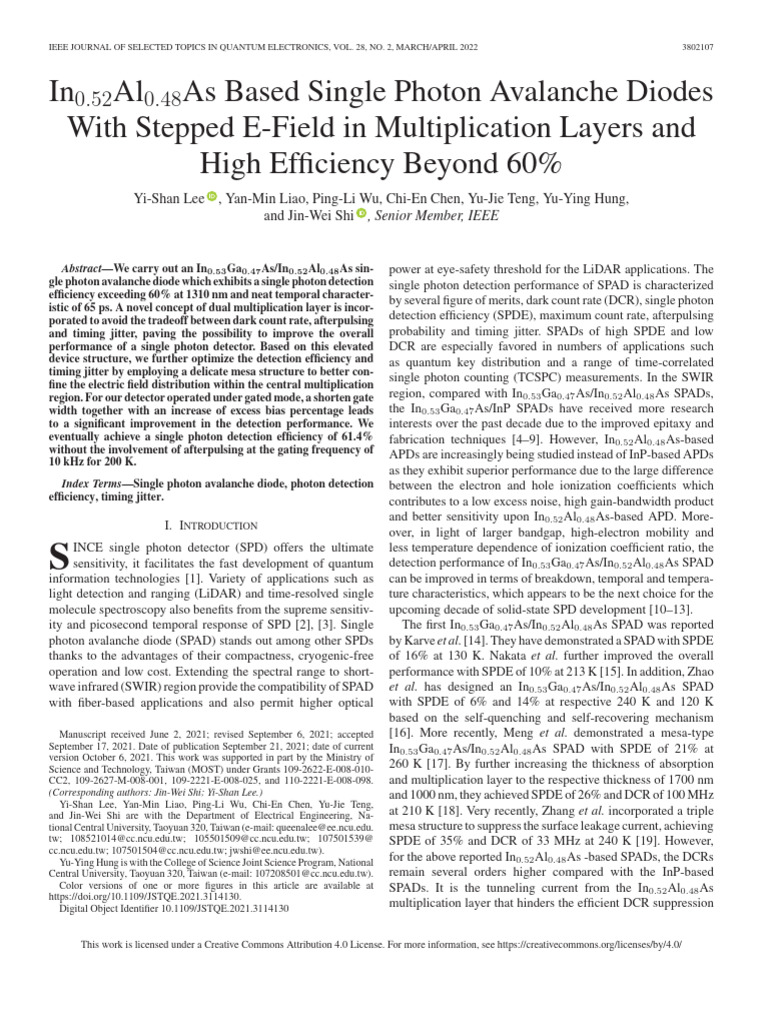(IEEE JSTQE) In0.52Al0.48As Based Single Photon Avalanche Diodes | PDF ...