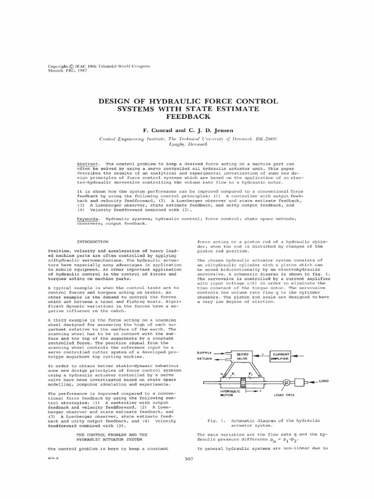 Design of Hydraulic Force Control Systems With State Estimate Feedback ...