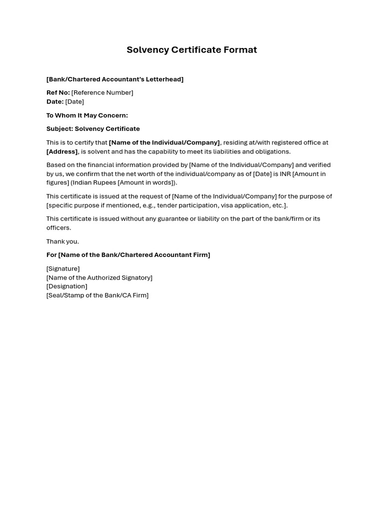 Solvency Certificate Format | PDF