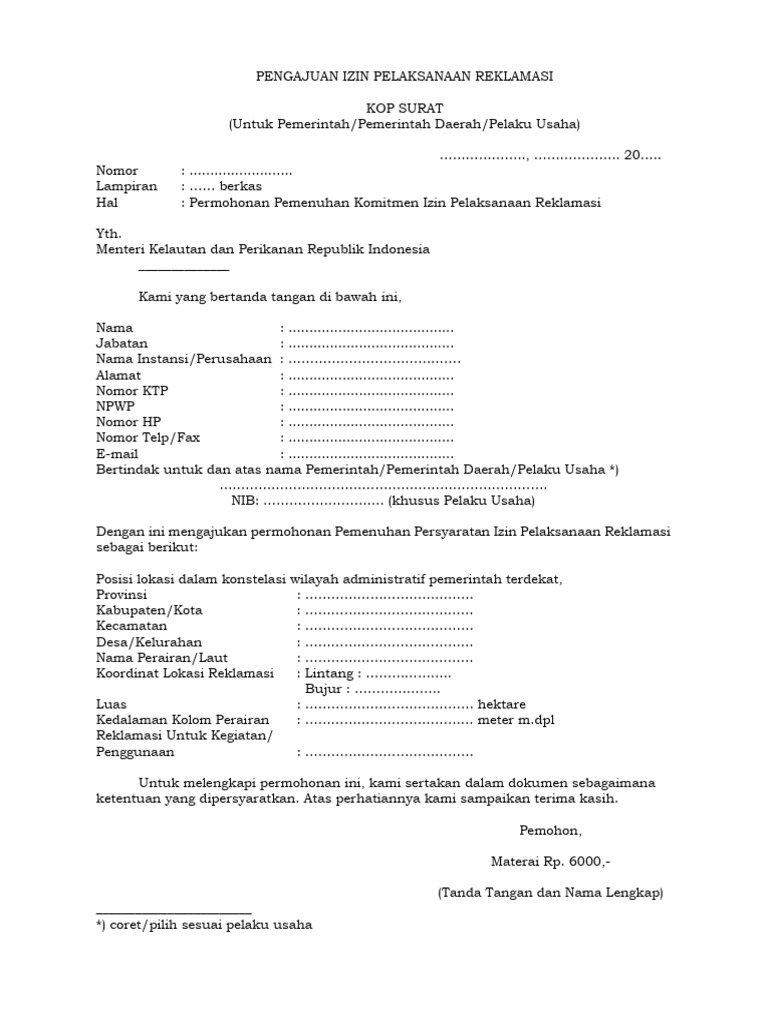 Format Izin Pelaksanaan Reklamasi | PDF