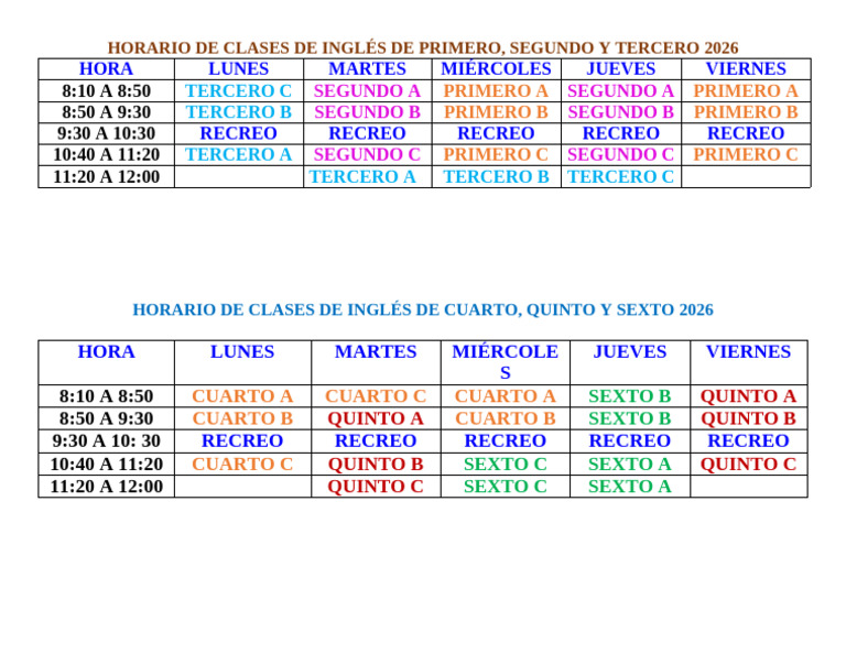 Horario de Clases de Inglés 2026 | PDF