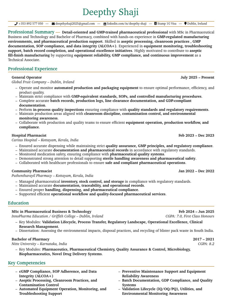 Deepthi Shaji CV 17 | PDF | Pharmacy | Regulatory Compliance