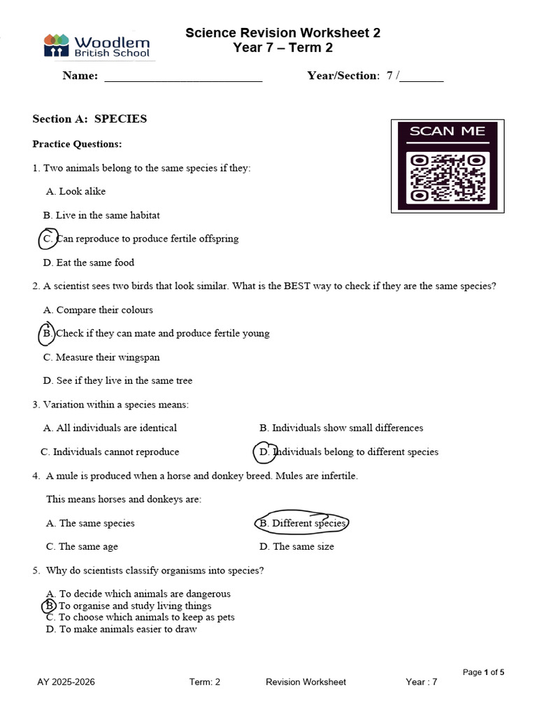 Term 2 Year 7 Science Revision Worksheet Test 2 | PDF | Mule | Species