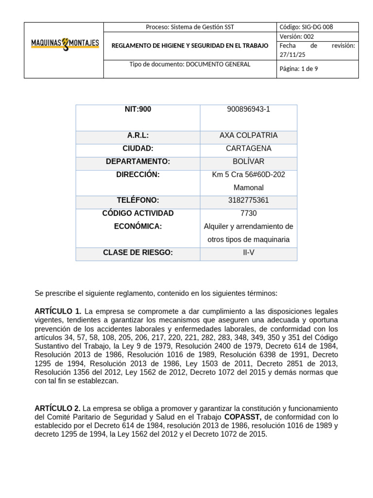 Reglamento de Higiene y Seguridad en El Trabajo (1) (Reparado) | PDF ...