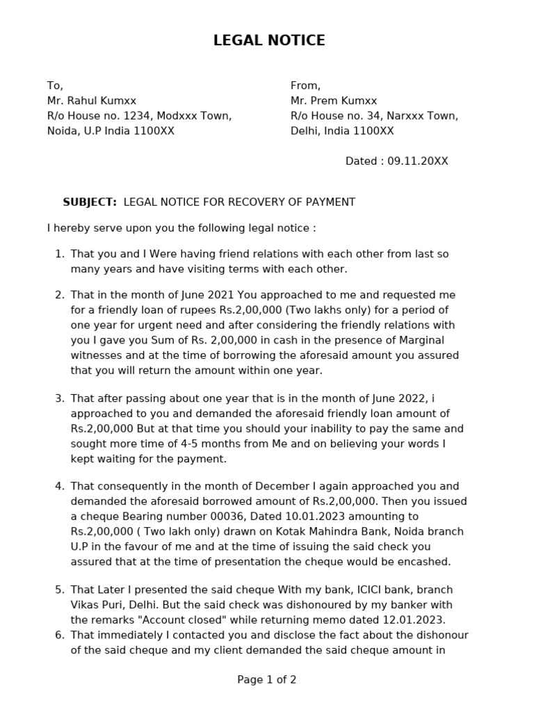 Editable Legal Notice Format | PDF | Cheque