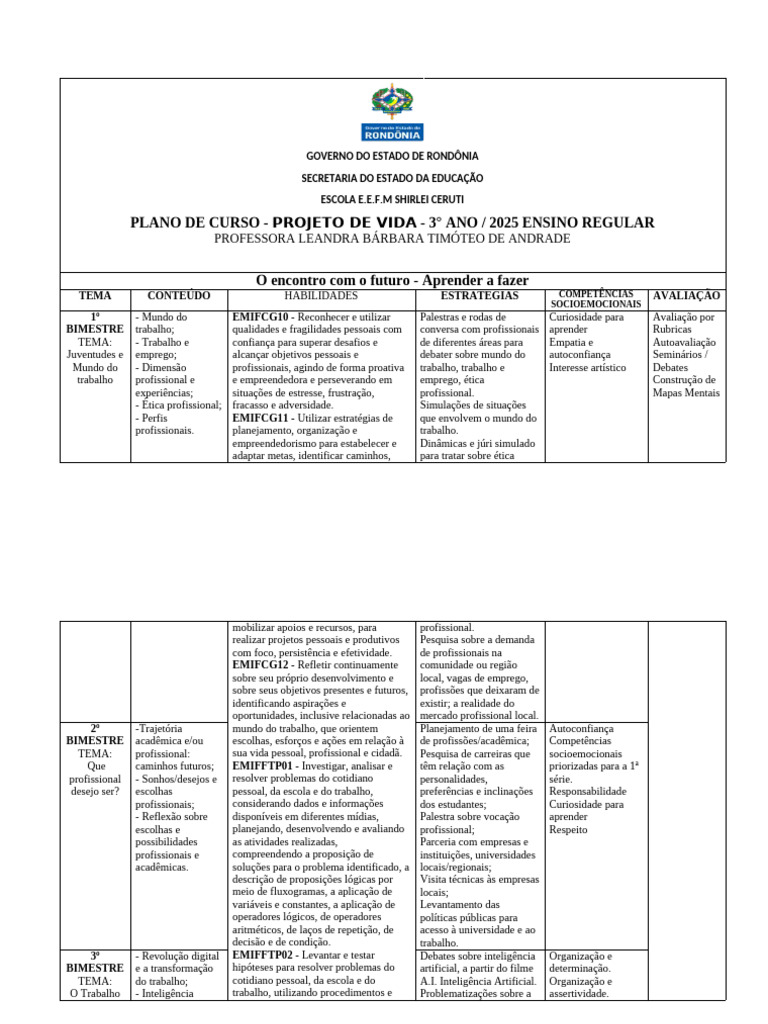 Plano Anual PROJETO DE VIDA 3 Ano Ensino Regular | PDF | Aprendizado