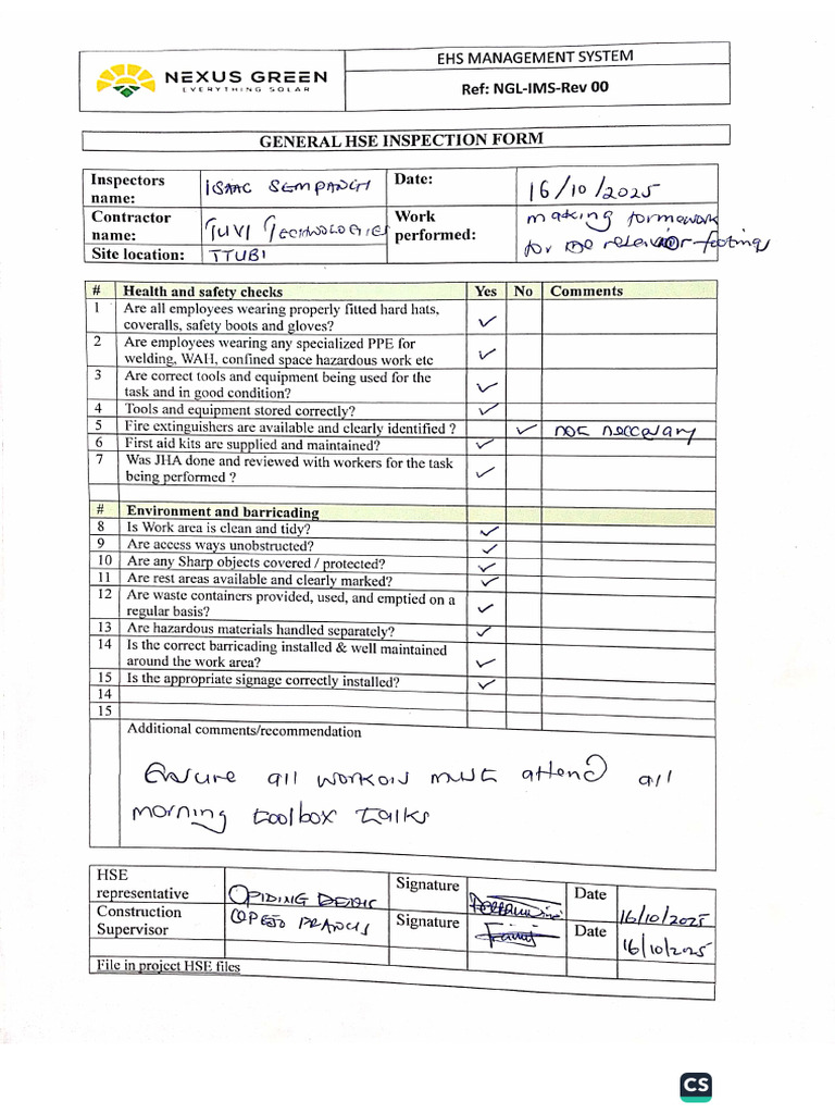 HSE Inspection Form 2 | PDF