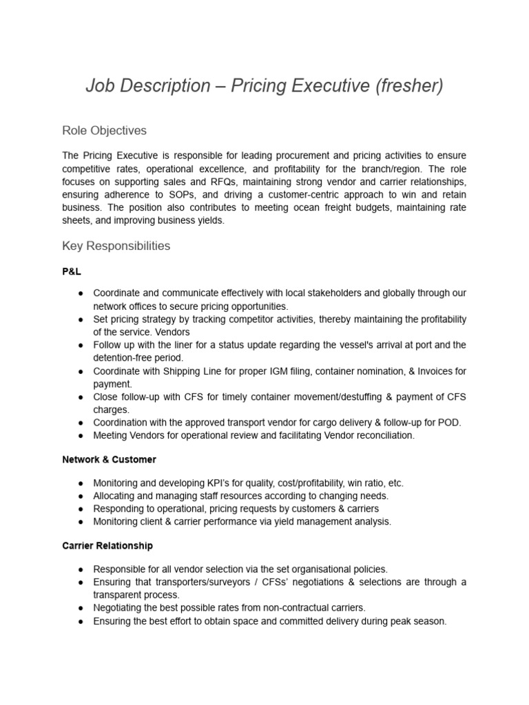 Job Description - Pricing Executive (Fresher) | PDF | Pricing | Cargo