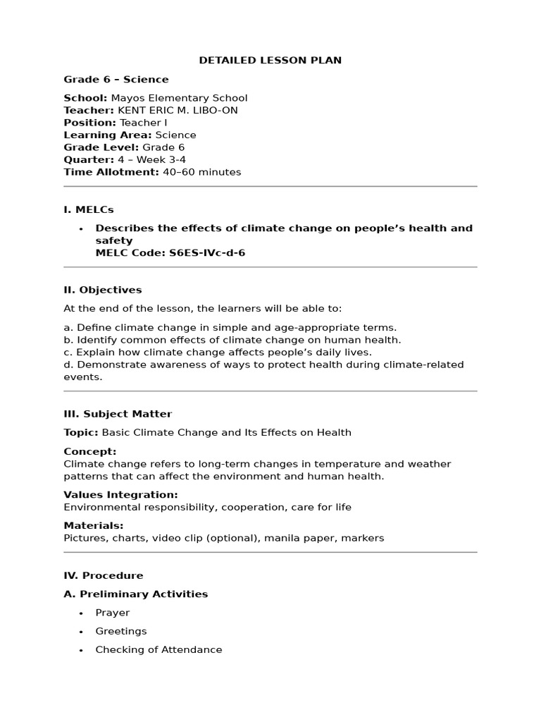 DETAILED LESSON PLAN Climate and Effects On Health | PDF | Climate ...