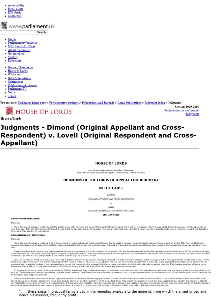 House of Lords - Dimond (Original Appellant and Cross-Respondent) v ...