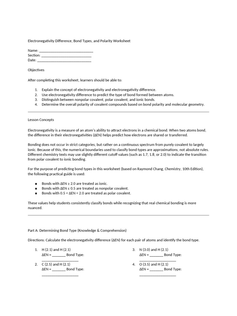 Electronegativity Difference Bond Types and Polarity Worksheet | PDF ...