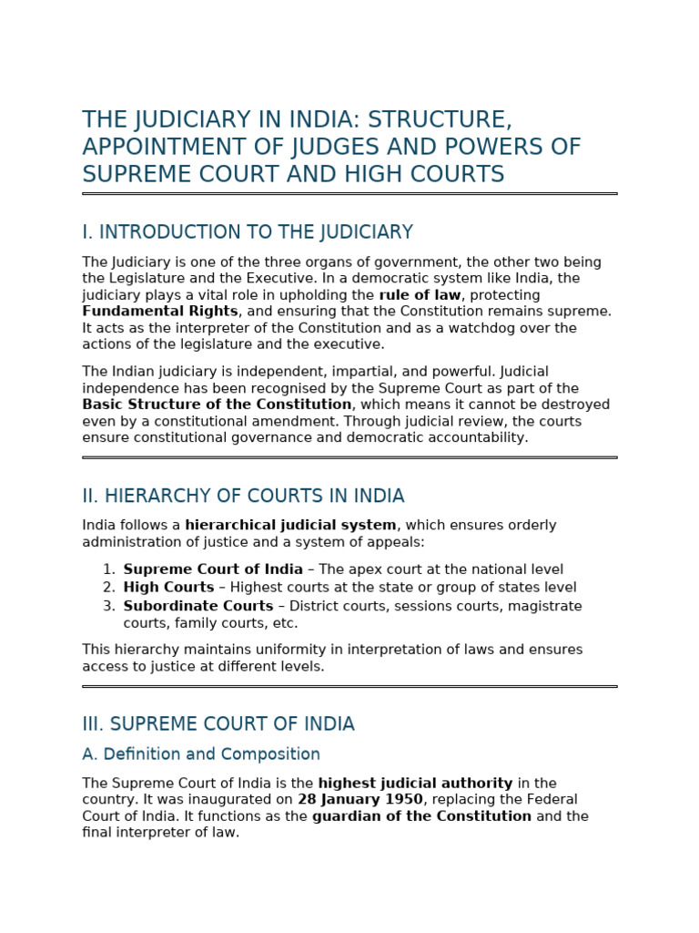 Indian Judiciary - Appointment of Judges and Powers of Supreme Court ...