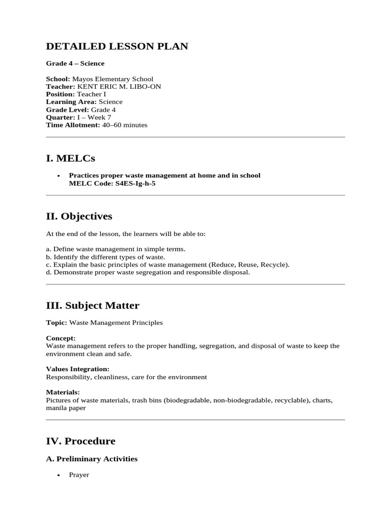 DETAILED LESSON PLAN Waste Management Principle | PDF | Waste ...