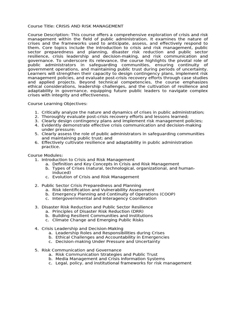 MPA - moduLE 1 Introduction To Crisis and RIsk Management | PDF ...