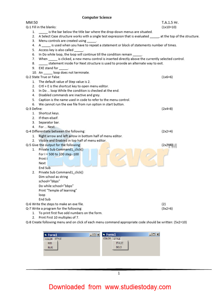 Computer Science Sample Paper 1 | PDF | Control Flow | Menu (Computing)
