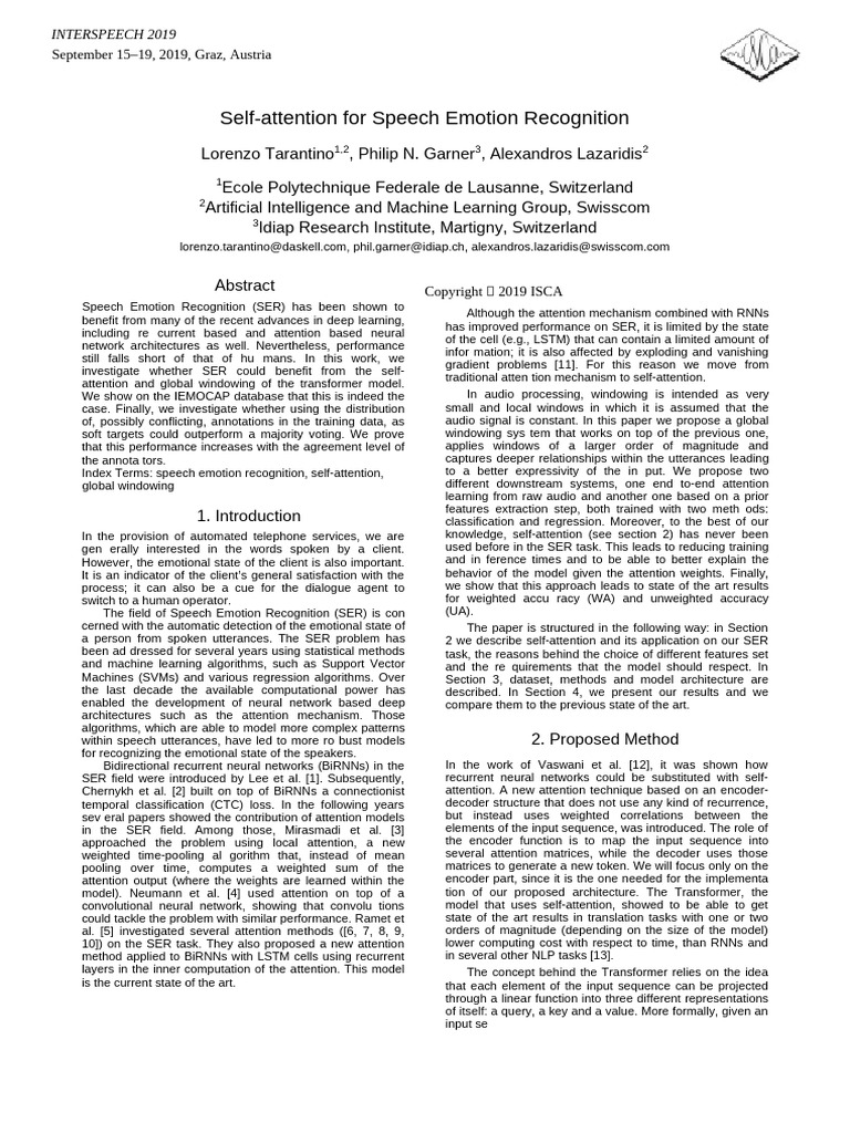 Self Attention For Speech Emotion Recogn | PDF