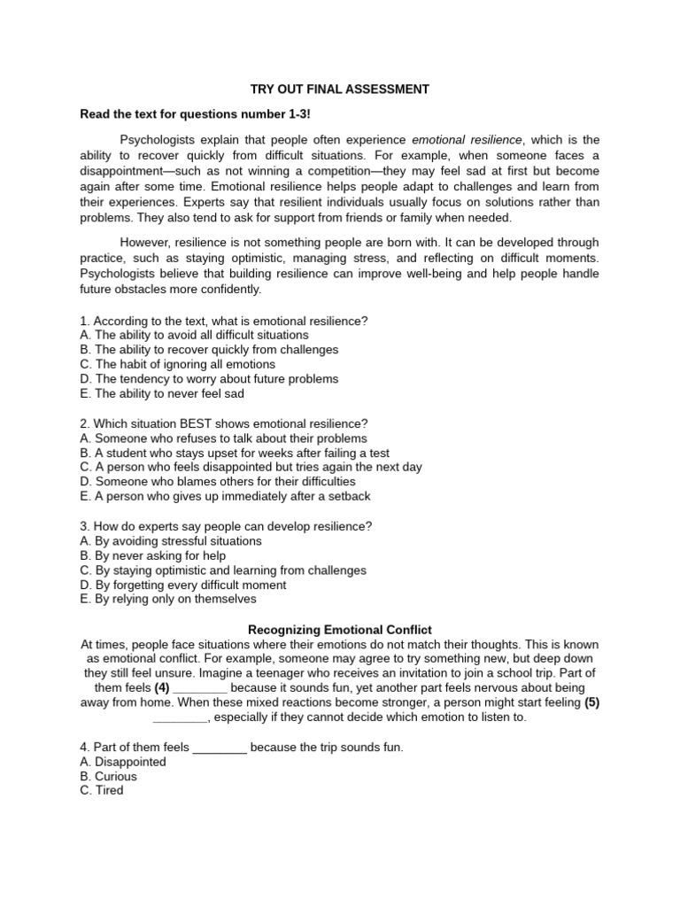 Try Out Final Assessment | PDF | Cyberbullying | Psychological Resilience