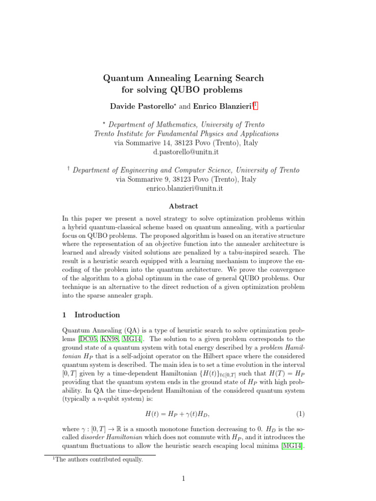 Quantum Annealing Learning Search For Solving QUBO Problems | PDF ...