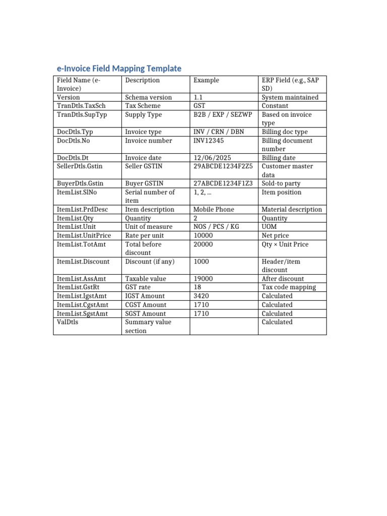 E-Invoice Field Mapping Template | PDF