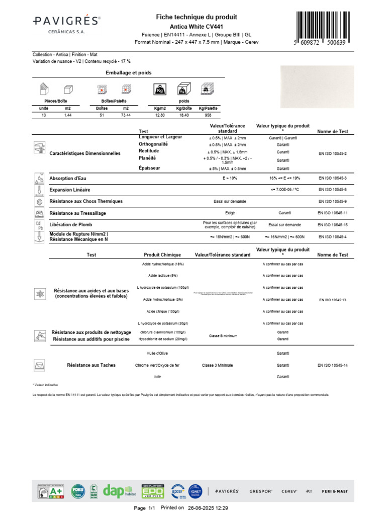 Pavigres FT Antica White CV441 FRA | PDF | Substances chimiques | Atomes